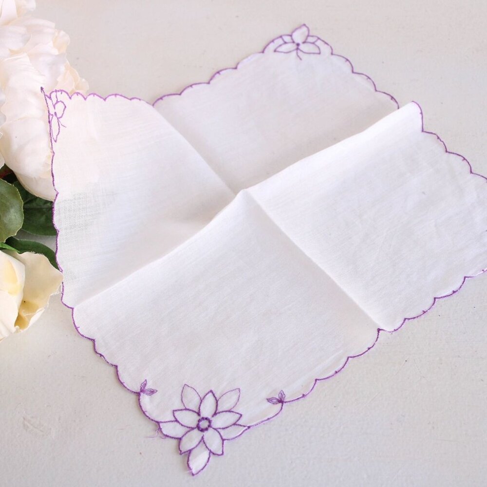Vintage Handkerchief, Purple Flower Embroidery on White Cotton Hankie